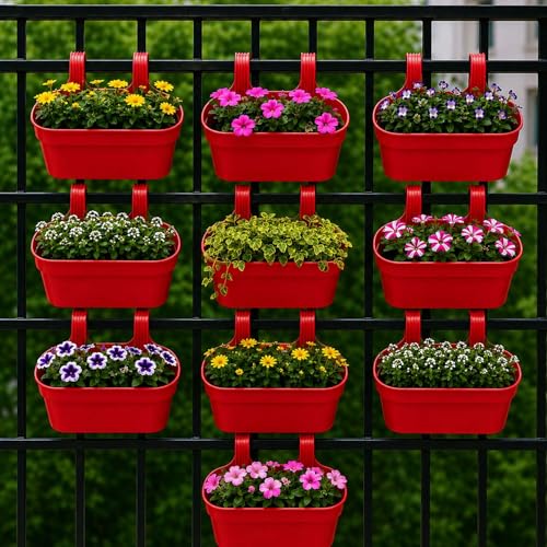 Image of Go Hooked 12 Inch Plastic Railing Hanging Planter Pot Set of 10 | Rectangular Flower Pots with Double Hook for Garden Fence Balcony Indoor Outdoor Home Decor | Durable Plant Container (Red)