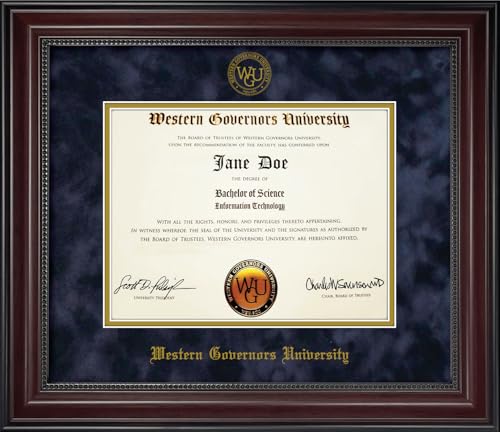 New England Picture Western Governors University WGU Diploma Frame - Cherry Finish Wood with Bead Frame with Navy Suede and Gold Mats.