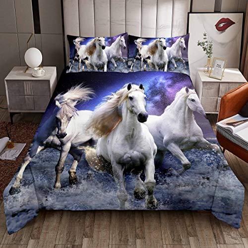 White Horse Bedding Set Galloping Horse Comforter Cover Blue Galaxy Duvet Cover for Boys Girls Kids Room Decor Lightweight Wild Animal Themed Bedspread Cover Single Size With 1 Pillow Case