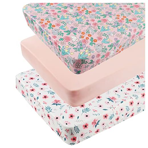 Tontukatu Pack n Play Sheet Stretchy Fitted Portable Mini Crib Sheets Set 3 Pack,Playard Sheets Convertible Playard Mattress Cover,Ultra Soft Jersey Material,Floral,Grey Rabbit & Pink