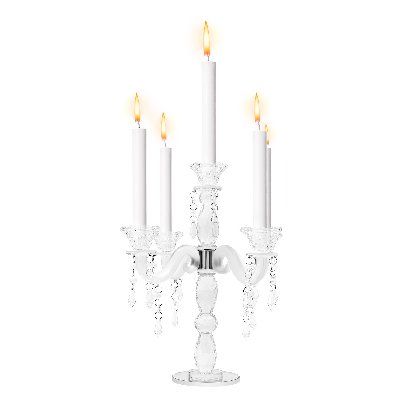 Candelabro de cristal de 5 brazos para decoración de mesa, candelabro moderno para velas de mesa y velas LED, accesorio de mesa para casa, boda, cena, transparente, 25 x 35,5 cm
