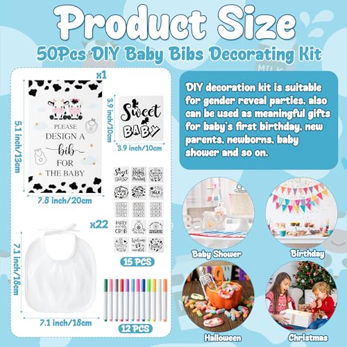 DIY Baby Bibs Decorating Kit Baby Shower Game White Baby Bibs Design Game Includes 22 Blank Bibs 15 Stencils 12 Fabric Markers 1 Baby Shower Game Sign for Boys Girls Gender Reveal Party (Cow)2