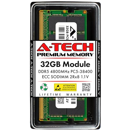 A-Tech 32GB DDR5 4800MHz PC5-38400 ECC SODIMM 2Rx8 (EC4 9x4) Dual Rank 1.1V 262-Pin RAM Memory Upgrade Module for Microserver, Workstation, and Networking Platforms