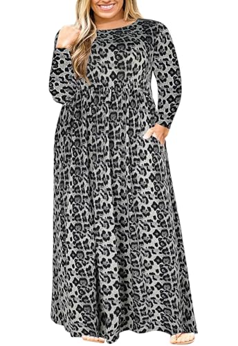 Nemidor Frauen Langarm Lose Einfarbig Casual Plus Size Lange Maxi Kleid mit Taschen, Schwarzes Leopardenmuster und Ärmel., 48 Mehr
