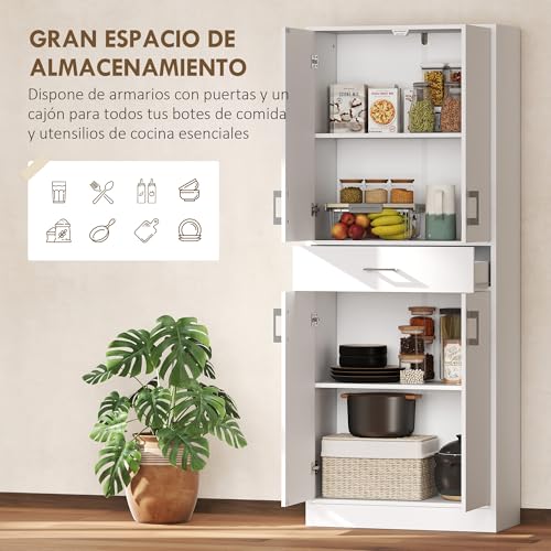 HOMCOM Alacena de Cocina con 4 Puertas 1 Cajón y Estantes Ajustables Antivuelco Armario de Cocina Moderno para Comedor Salón 70,8x34x180 cm Blanco y Plata - imagen 4