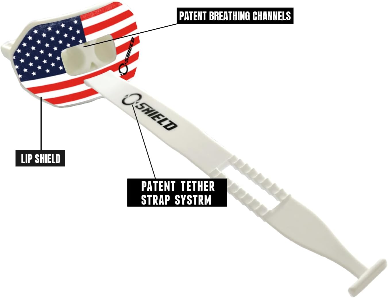 O Shield Mouthguard American Flag Football Vortex Airflow Design, Airtight Fit for Better Breathing, Ergonomic Shock-Absorbing Sports Protector with Strap, Stylish Durable Guard for Athletes