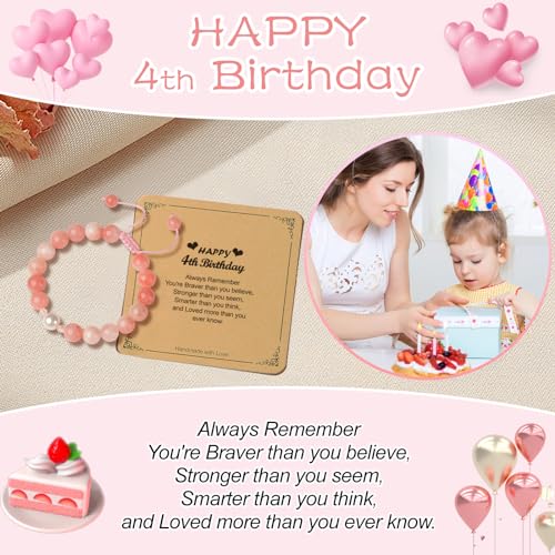 4 Year Old Girl Gifts,Pink Stone Bracelet as Birthday Gifts for 4 Year Old Girls Granddaughter Daughter Niece,4th Birthday Gifts for Girls Adjustable Length Pearl Bracelet for Four Year Old Girl3