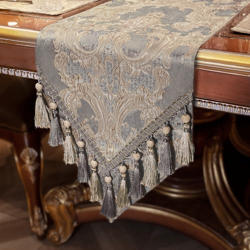 Loom and Mill Luxury Table Runner 108 Inches Long, Elegant Jacquard Dining Table Runners with Handmade Multi-Tassels for Dining Room Dresser Party Holiday Banquet Decoration(Gray, 13*108 inch) by Loom and Mill - Used condition - US$24.82