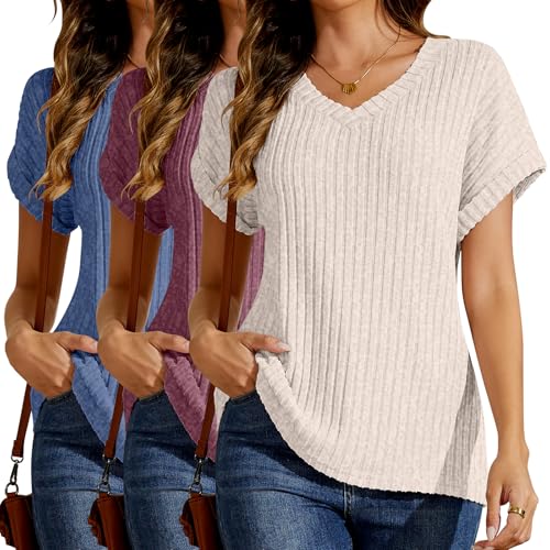 3 Pack Women Short Sleeve Sweaters 2025 Summer V Neck Tops Casual Shirts Loose Fit Lightweight Dressy Business