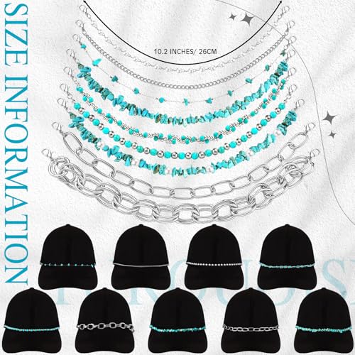 Image of Geyoga 9 Pcs Trucker Hat Chains Trucker Hat Charms Women Man Bill Decoration Detachable DIY Metal Chain for Mesh Baseball Cap(Silver Green,Turquoise)