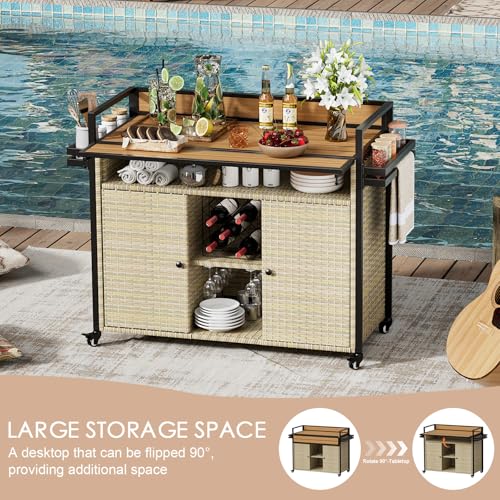 XL-Outdoor-Kitchen-Wicker-Rolling-Bar-Cart-with-Storage-Cabinet-Extended-Plastic-Wood-Table-Top-Kitchen-Island-on-Wheels-for-Patio-Backyard-Garden-Poolside-Double-Handle-Design-Brown XL Outdoor Kitchen Wicker Rolling Bar Cart with Storage Cabinet Extended Plastic Wood Table Top Kitchen Island on Wheels for Patio Backyard Garden Poolside Double Handle Design Brown