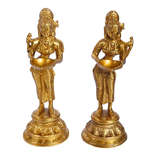Kartique Brass Antique Style Diya Home Entrance Decor Puja Room Devi Meenakshi Devi Oil Lamp Deep Laxmi Deepalakshmi Pair for Mandir Temple Decoration Diwali Gift Gold Color Height 9.5 Inch