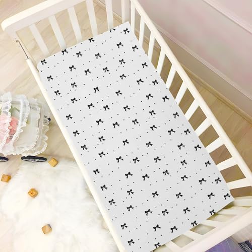 Image of Fitted Crib Sheets Black Bow Dot White Stretchy Portable Playard Sheets for Baby Toddler, Breathable Soft Mini Crib Mattress 39 x 27 in for Boys and Girls
