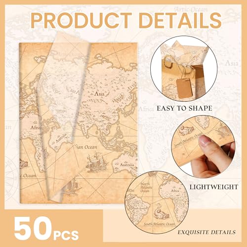 50 Blatt Vintage Karten Seidenpapier zum Verpacken von Geschenken Geschenkpapier mit Reisethema für Geschenktüten Vintage Dekoseidenpapier für Babypartys Geburtstagsfeiern DIY Bastelbedarf