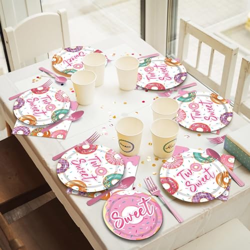 Image of ZOIIWA 96 Pcs Two Sweet Donut Birthday Party Supplies Girls Donut Themed Tableware Table Decor Baby Girl 2nd Birthday Paper Plates Napkins Disposable Dinnerware Party Favor for Baby Shower 24 Guests