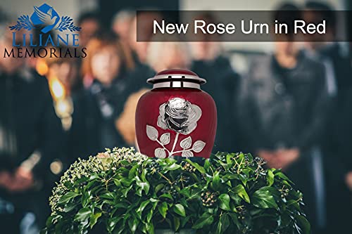 Silver Rose Cremation Urn - Large Flower Red Enamel - 100% Brass Burial Urn for Adult Ashes