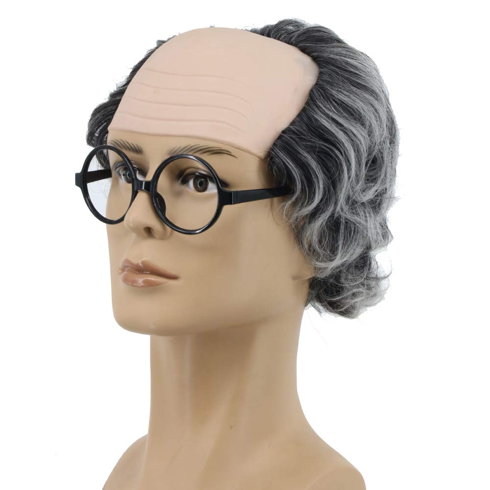 Yuehong Short Curly Gray Old Men Bald Head Wig Fluffy Receding Hairline Costumes Cosplay Wig with Heat Resistant Synthetic Fibers (Gray) - Image 2