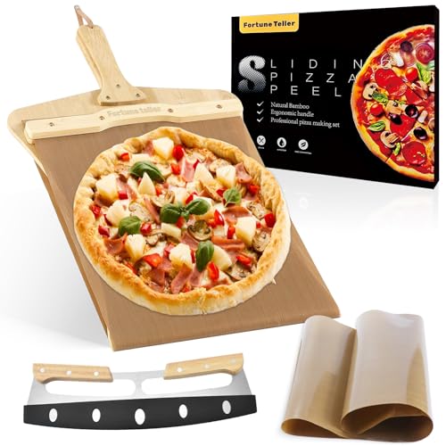 Fortune teller Sliding Pizza Peel, Pizza Peel 12 Inch, Non-stick Pizza Slider Paddle with Pizza Cutter Rocker, Wooden Detachable Transfers Pizza Spatula for Indoor & Outdoor, 22