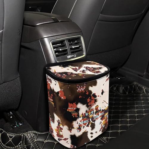 Image of Southwestern Aztec Cow Brown Car Trash Can Garbage Bin Leak Proof Waste Basket Bin with Lid,Portable Camping Garbage Container Fit Most Vehicle