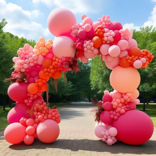 Image of Pink and Rose Red Balloons Garland Double Stuffed Baby Pink Balloons Different Sizes Macaron Orange Latex Balloons Arch Kit for Birthday Wedding Anniversary Baby Shower Flamingo Party Decorations