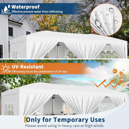 Upgraded 10x20 Pop Up Canopy Tent with 6 Removable Sidewalls, Commercial Heavy Duty Pop Up Canopy Tents for Parties, Roller Bag, Upgraded Thickened Legs, 6 Sand Bags, 18 Stakes, White
