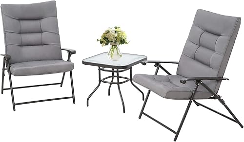 Juego de 3 piezas de muebles plegables de bistró para patio, juego de muebles reclinables ajustables de metal para exteriores, 2 sillas acolchadas