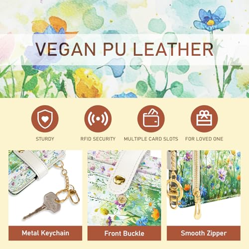 Image of Jogjam Floral Green Rfid Ladies Wallet, Small Slim Thin Compact Credit Card Women Wallet, Spring Flowers PU Leather Bifold Cash Zipper Coin Pocket ID Window for Female