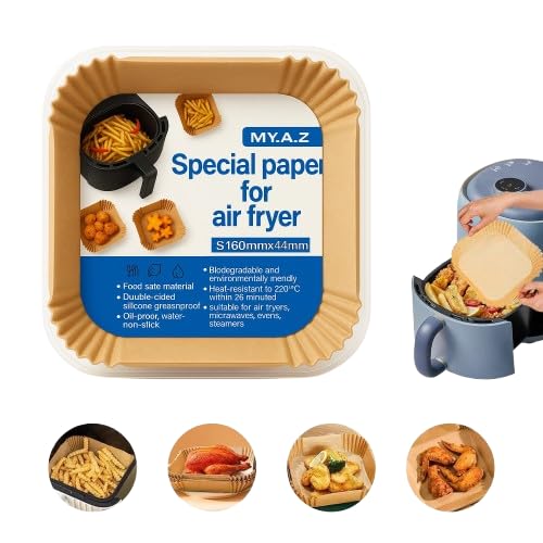 MaruHub 50pcs Air Fryer Paper Liners Disposable Non-Stick, Oil-Proof Baking Parchment Paper Sheets for Air Fryer, Microwave, Oven, Steamer – Food Safe, Heat Resistant, Waterproof (Square, 16 x 4.5 cm)