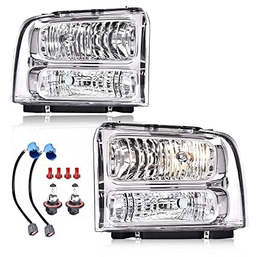 Image of GRAND ORANGE Headlights Assembly Compatible with 1999-2004 Ford F250 F350 F450 F550 Super Duty /Fit 2000-2004 Ford Excursion Headlamps Clear Lens Chrome Housing 1C3Z13008BA