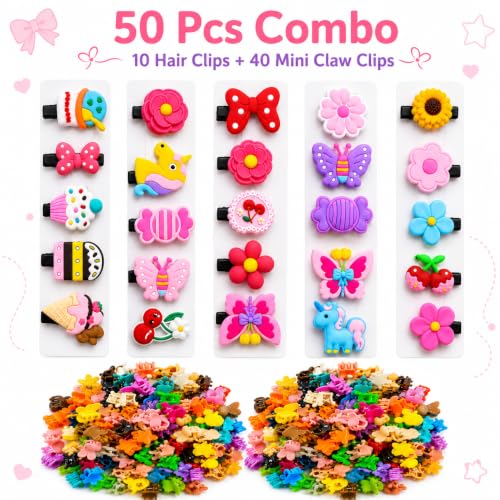 Image of 50 Pcs Hair Accessories for Kids Girls | 40 Mini Claw Clips & 10 Cute Baby Hair Clips Combo | Hair Accessories for Baby Girl | Kids Hair Clips Set for Daily Wear | Mixed Designs
