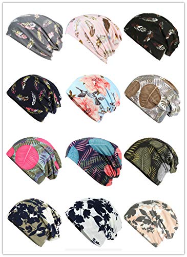 HONENNA Flower Printed Beanie Women Turban Headband Chemo Cap (2 Pack Set 19)