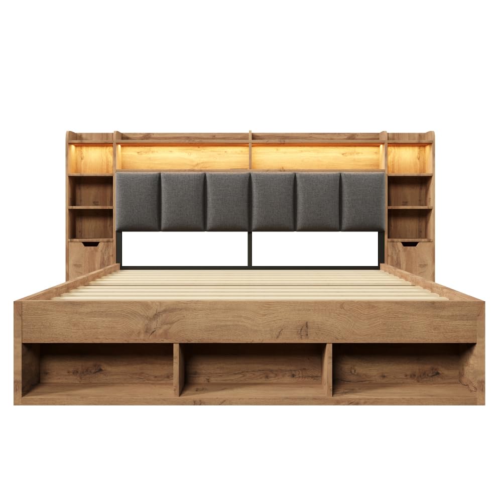 Cama de 180 x 200 cm con cajones, iluminación LED, puertos USB y Type-C, cama de 180 x 200 cm con somier de láminas de madera, estructura de cama de matrimonio con almacenamiento, roble, cabecero