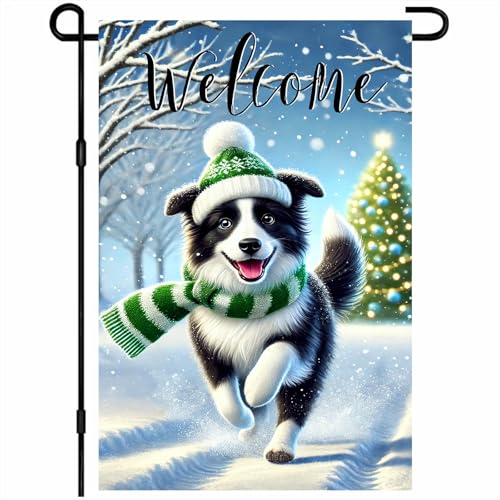 Image of BlissYard Garden Flag Border Collie Winter 12x18 Inch Polyester