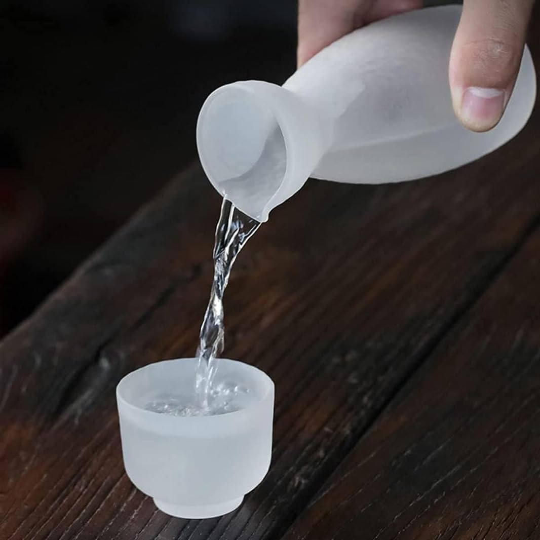 Glass Japanese Sake Set Gift Box 5 Pcs,Traditional Frosted White Jade Porcelain Crafts Sake Cup With 1 Sake Pot and 4 Sake Cups,Best Gift for Family and Friends White