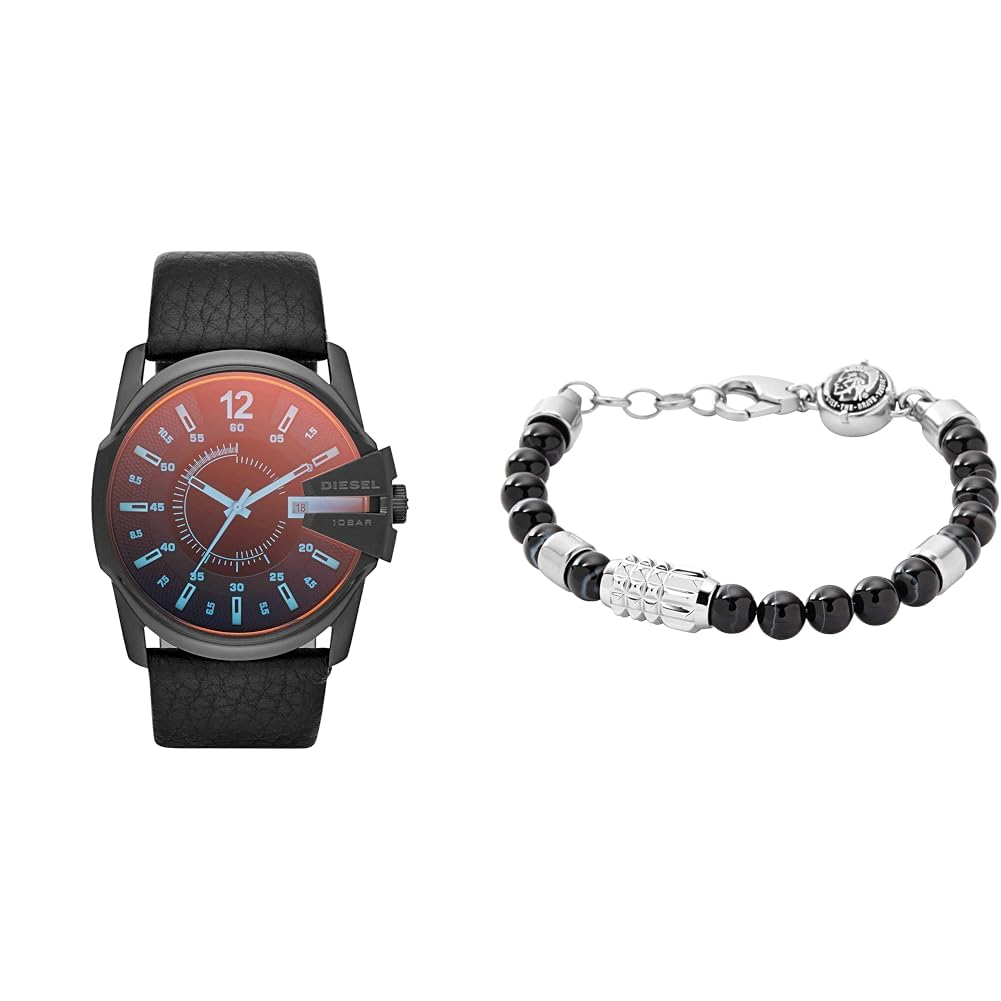 Diesel Hombre Master Chief Negro Cuero Reloj y Pulsera, Set
