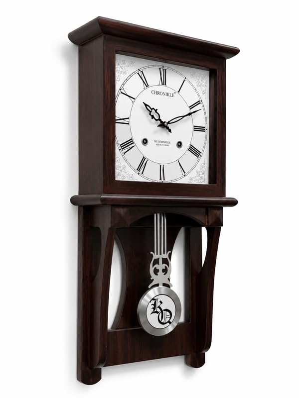 Image of Premium Wooden Pendulum Wall Clock with Musical Chime Sound, Roman Numeral White Dial, Silent Sweep Quartz Movement, Classic Rose Wood Finish, Battery Operated Decorative Wall Clock (22 x11x 3.5 Inch)
