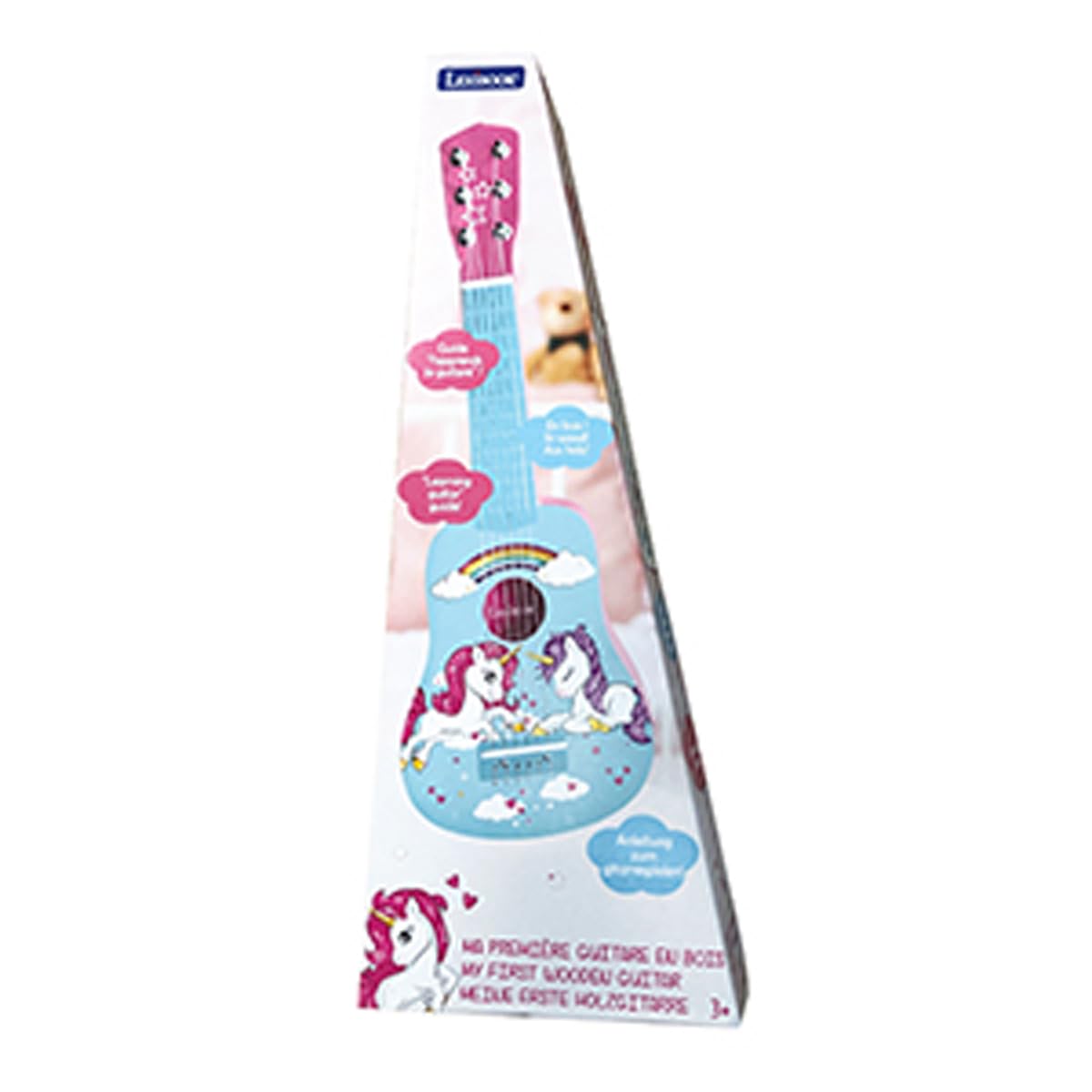 Lexibook, Unicornio Guitarra de Madera, K205UNILXB | Guitarra 53 cm, 6 cuerdas, guía de aprendizaje incluida, rosa/azul