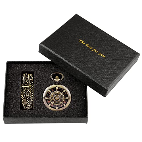 Image of Men's Mechanical Hollow Design Hand Wind Pocket Watch Roman Numerals Steampunk with Chain Box