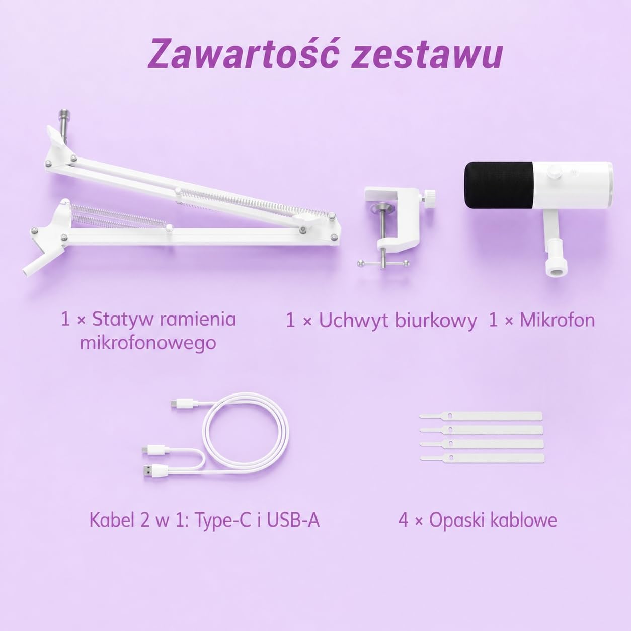 TONOR Dynamiczny mikrofon do gier, mikrofon XLR/USB do strumieniowego przesyłania, redukcja szumów AI, sterowany RGB, wyciszenie, gniazdo słuchawkowe 3,5 mm, mikrofon z ramieniem szubienicowym, biały