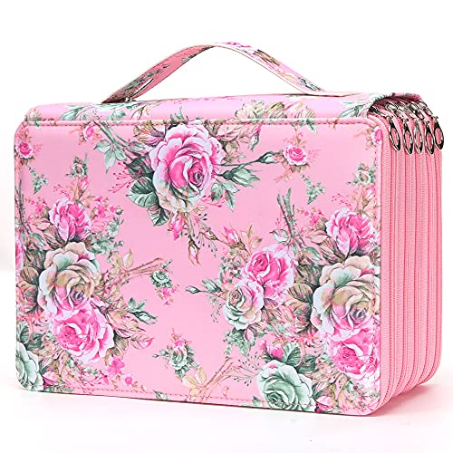 Image of Vomgomfom 252 Slots Pencil Case 5-Layer PU Leather, Handle, Pink Flower