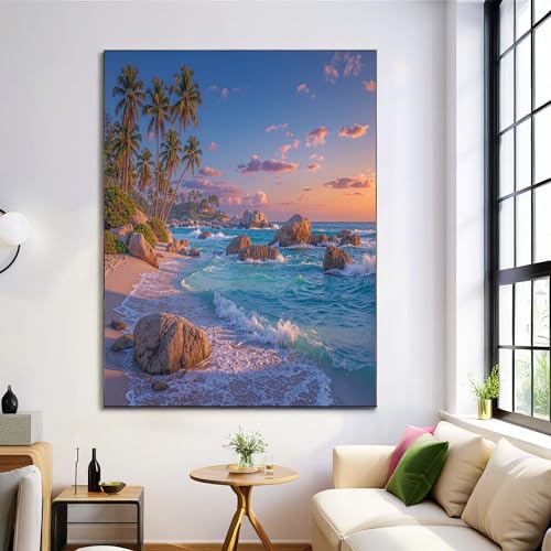 HASLEFND Painting Paisaje marino tropical Impresiones sobre lienzo, Playa, palmeras, olas decorativas, Cuadros Decoracion Salon, Posters Para pared Sala Dormitorio Cocina Baño Pasillo 80 x 120 cm