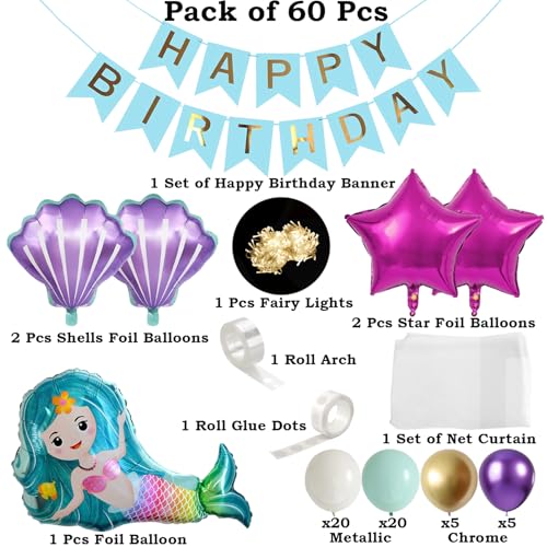 Image of Rozi Decoration Mermaid Theme Birthday Decoration with Backdrop Set of 60 Pcs | Mermaid Balloons for Girls Birthday Parties Decorations Items Combo Kit