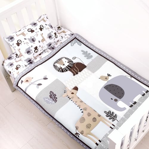 Image of JISEN 3 Piece Crib Bedding Set Soft Baby Crib Bedding Set Jungle Animals Crib Comforter Set - Comforter Crib Sheet Pillowcase Grey Nursery Bedding Sets for Baby Girls or Boys