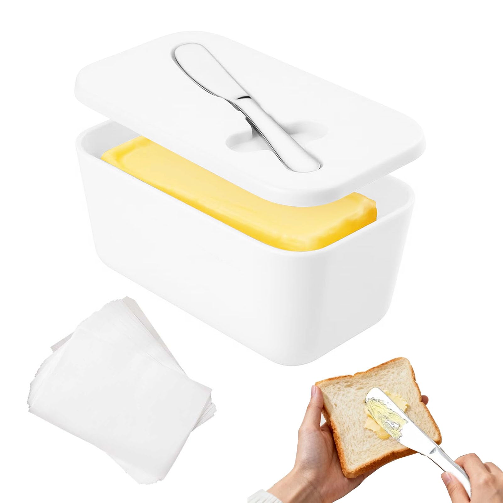 Butter Dish with Lid, Butter Container, Butter Dish with Lid and Knife with 100Pcs Butter Paper Perfect for Butter Nuts Sugar Cheese Salt Spices Seasoning (White)