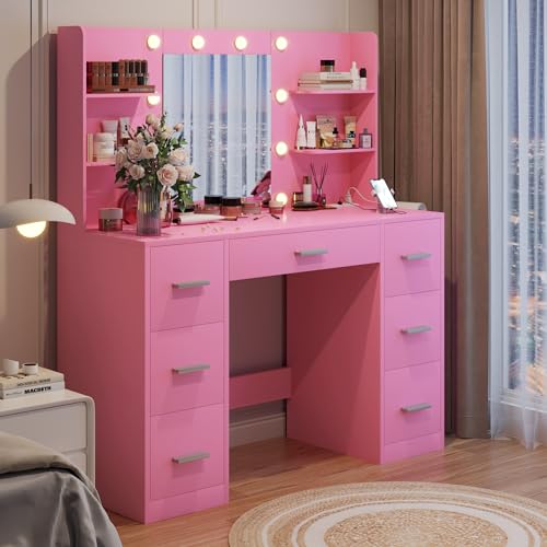 Image of YESHOMY Vanity Desk with Mirror, Power Outlet and 10 Lights, Makeup Table with 7 Drawers, 3 Color Modes Available for Bedroom, Light Pink