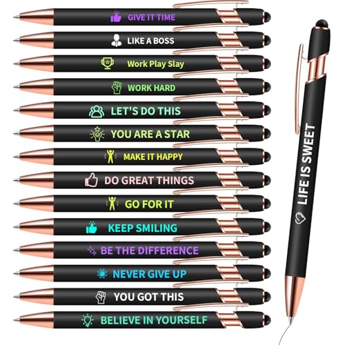 Vebermo 15 Pack Inspirational Pens Bulk - Motivational Pen with Saying Quotes Stylus Tip Black Ink, Funny Pens Gifts for Coworkers Student Nurses Teachers Supplies, Black