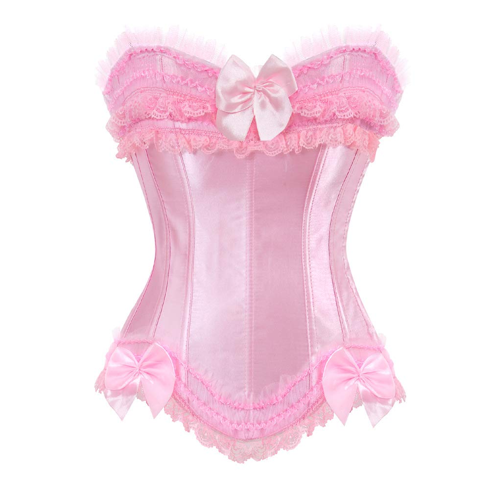 ICEGIA Women's Lace Up Boned Overbust Corset Bustier Lingerie Bodyshaper Top, Pink of S070, Medium