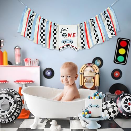Image of Kriyokiaa Fast One Highchair Banner 1st Birthday Boy Race Car First Birthday Party Decorations Fast One Race Car Photo Prop Cake Smash