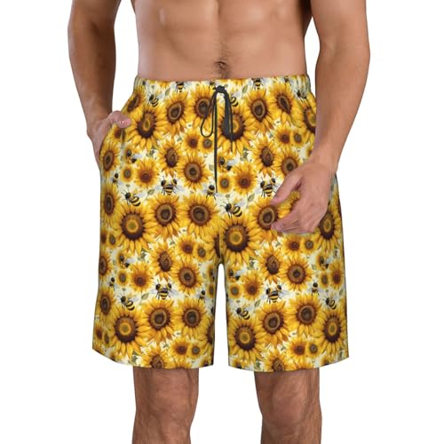 Sunflower bee Print Stylish Beach Shorts Swim Trunks Lightweight Breathable Summer Outdoor Activities