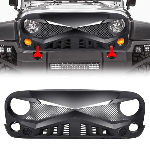 AMERICAN MODIFIED Front Hawke Grille Compatible with Jeep 2007-2018 Wrangler JK/JKU, Matte Black Mesh Grill w/DRL Turn Signal Lights